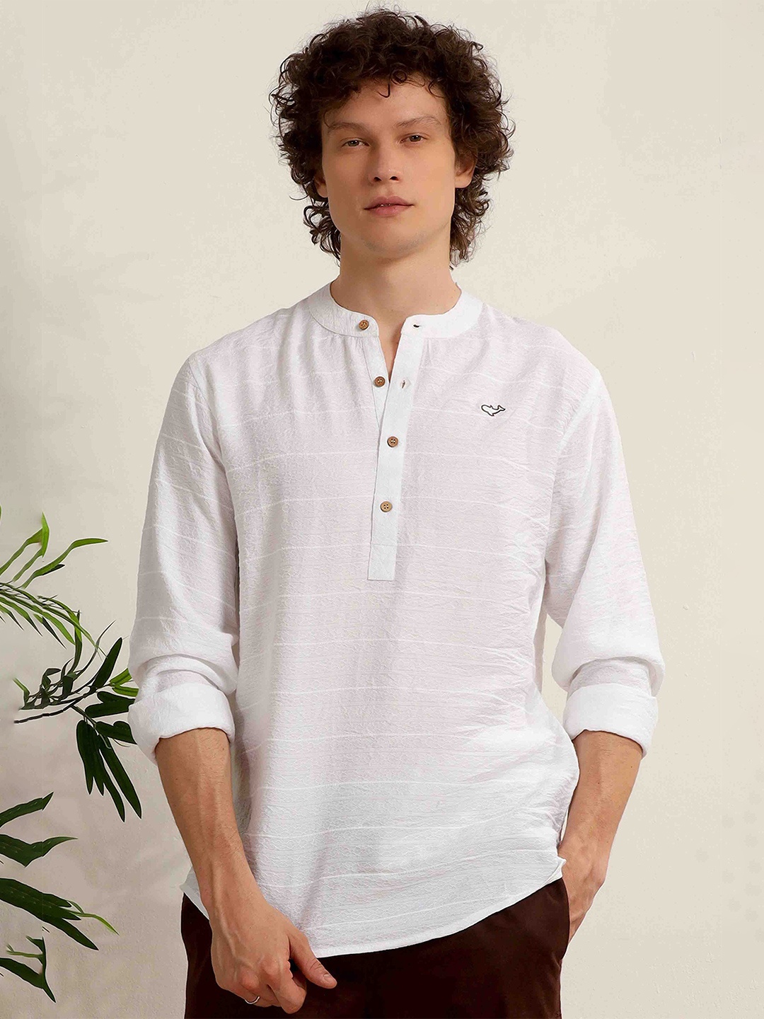 

HAMPTONS Mandarin Collar Horizontal Stripes Cotton Striped Casual Shirt, White
