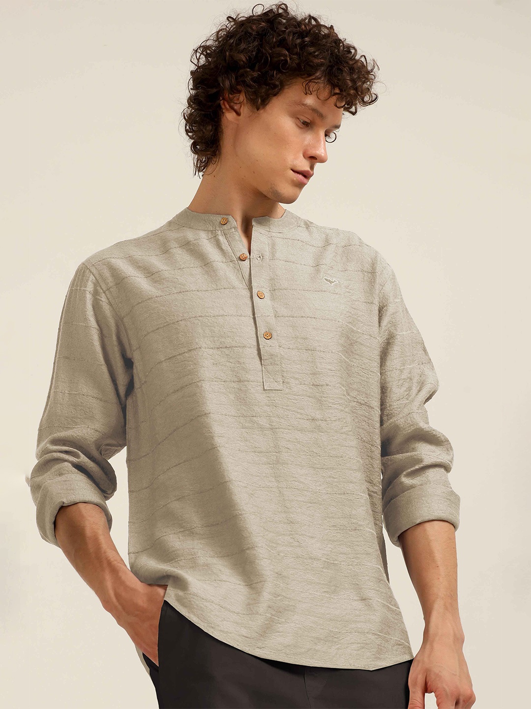 

HAMPTONS Mandarin Collar Cotton Striped Casual Shirt, Beige