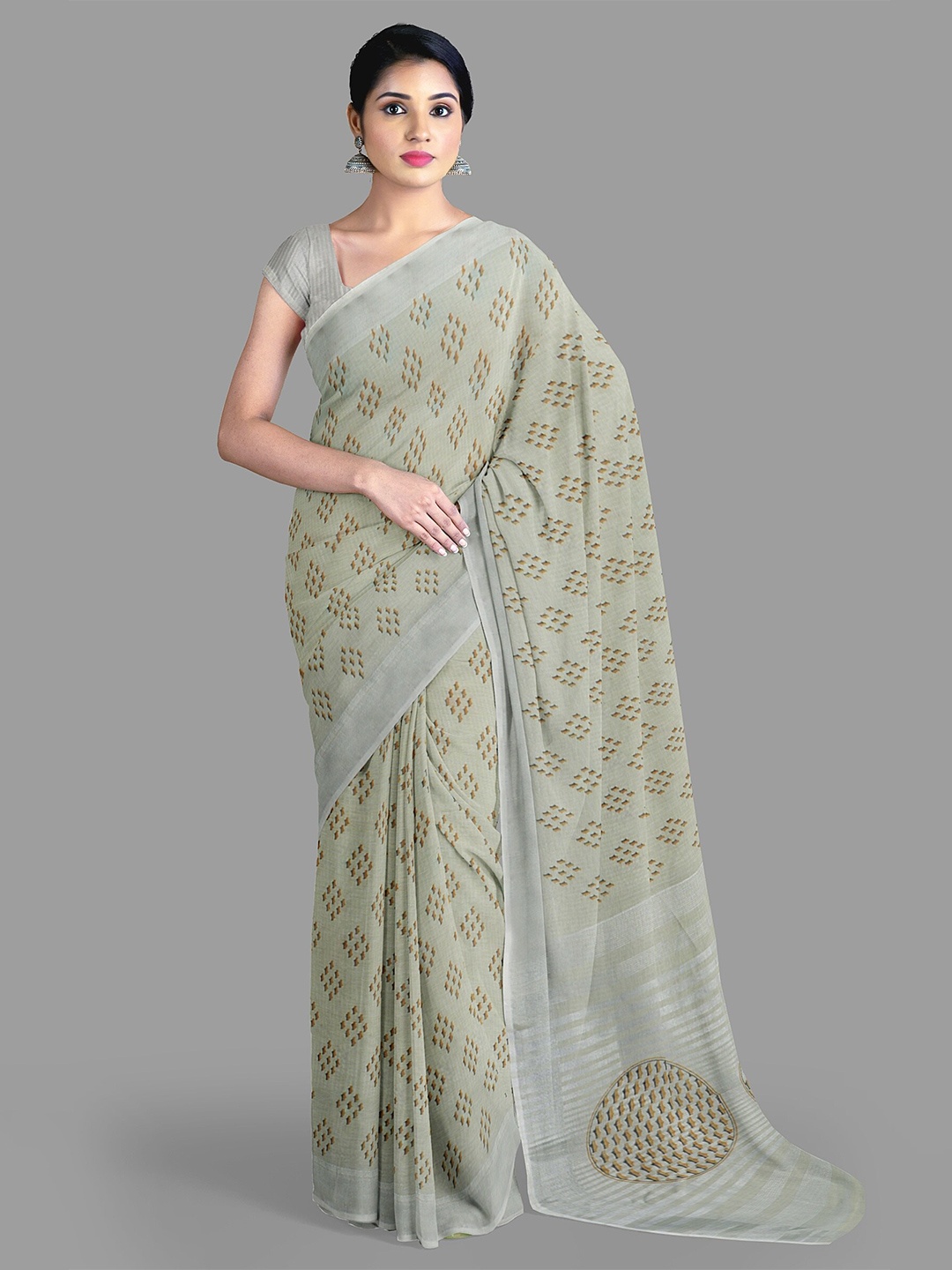 

The Chennai Silks Zari Geometric Printed Saree, Beige