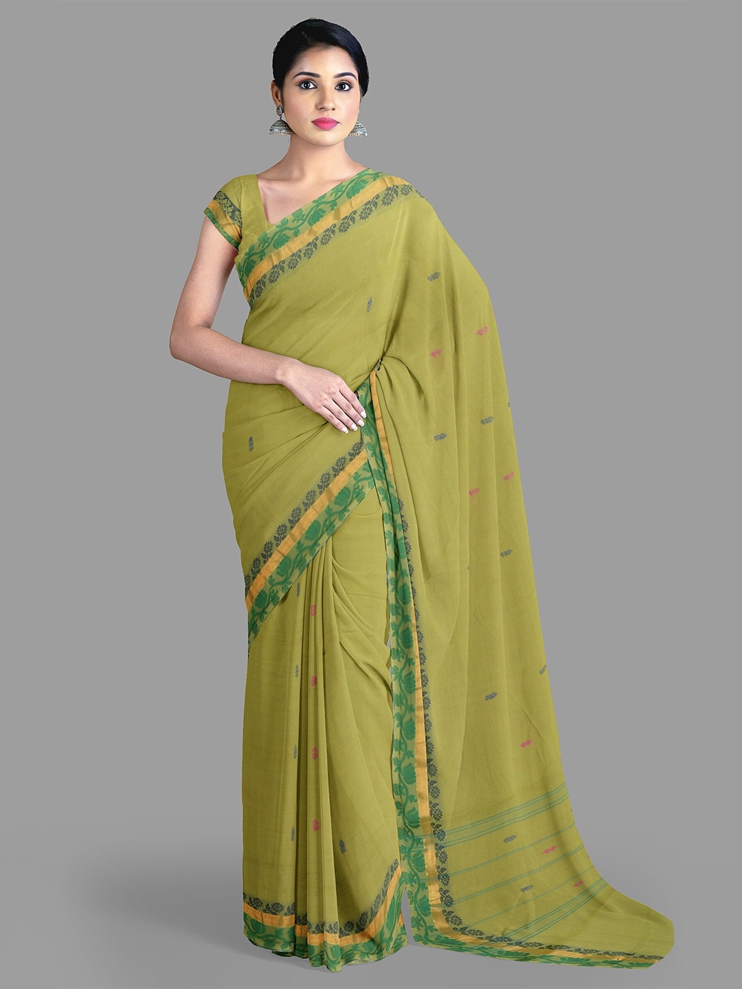 

The Chennai Silks Woven Design Floral Pure Cotton Chettinad Saree, Olive