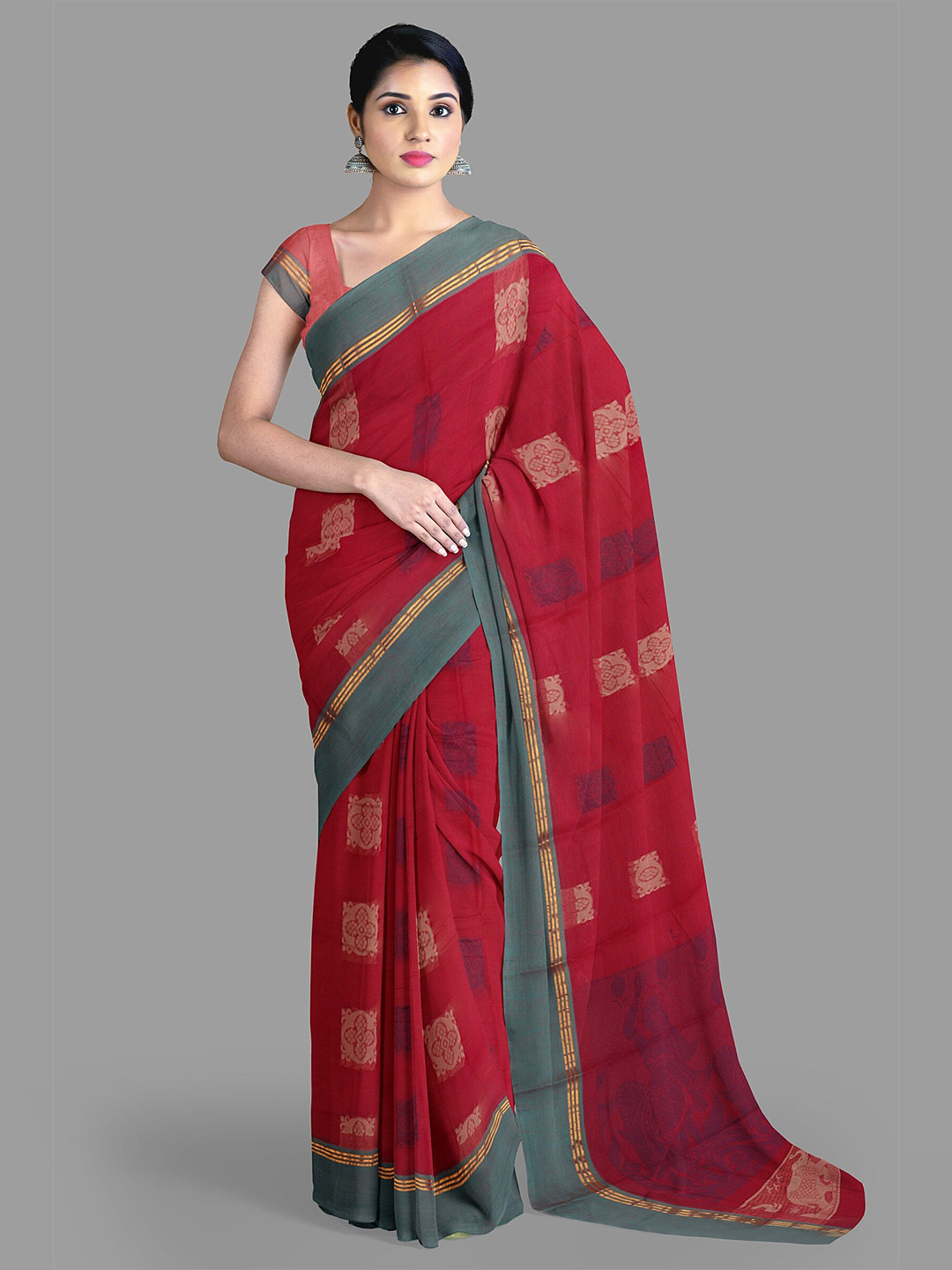 

The Chennai Silks Ethnic Motifs Woven Design Zari Pure Cotton Kovai Saree, Red
