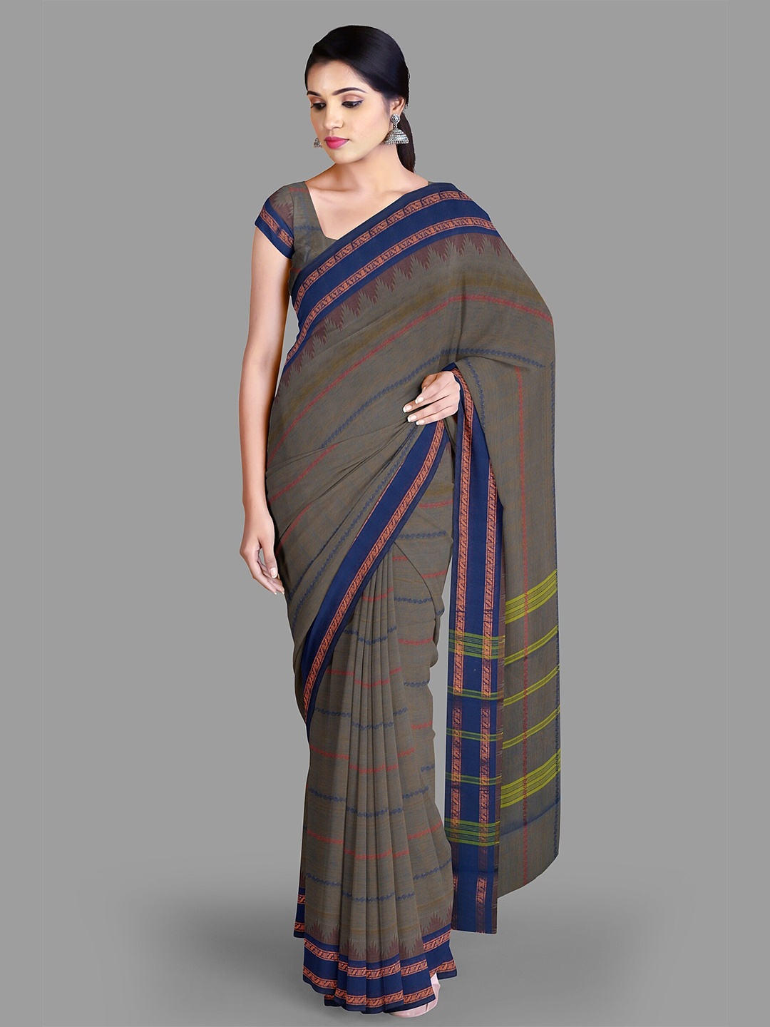 

The Chennai Silks Striped Zari Pure Cotton Chettinad Saree, Brown