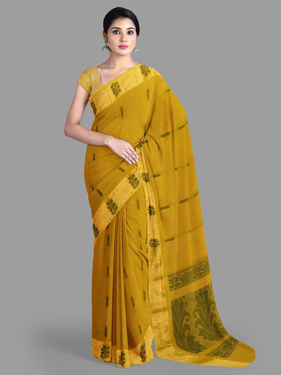

The Chennai Silks Ethnic Motifs Woven Design Zari Pure Cotton Kovai Saree, Mustard
