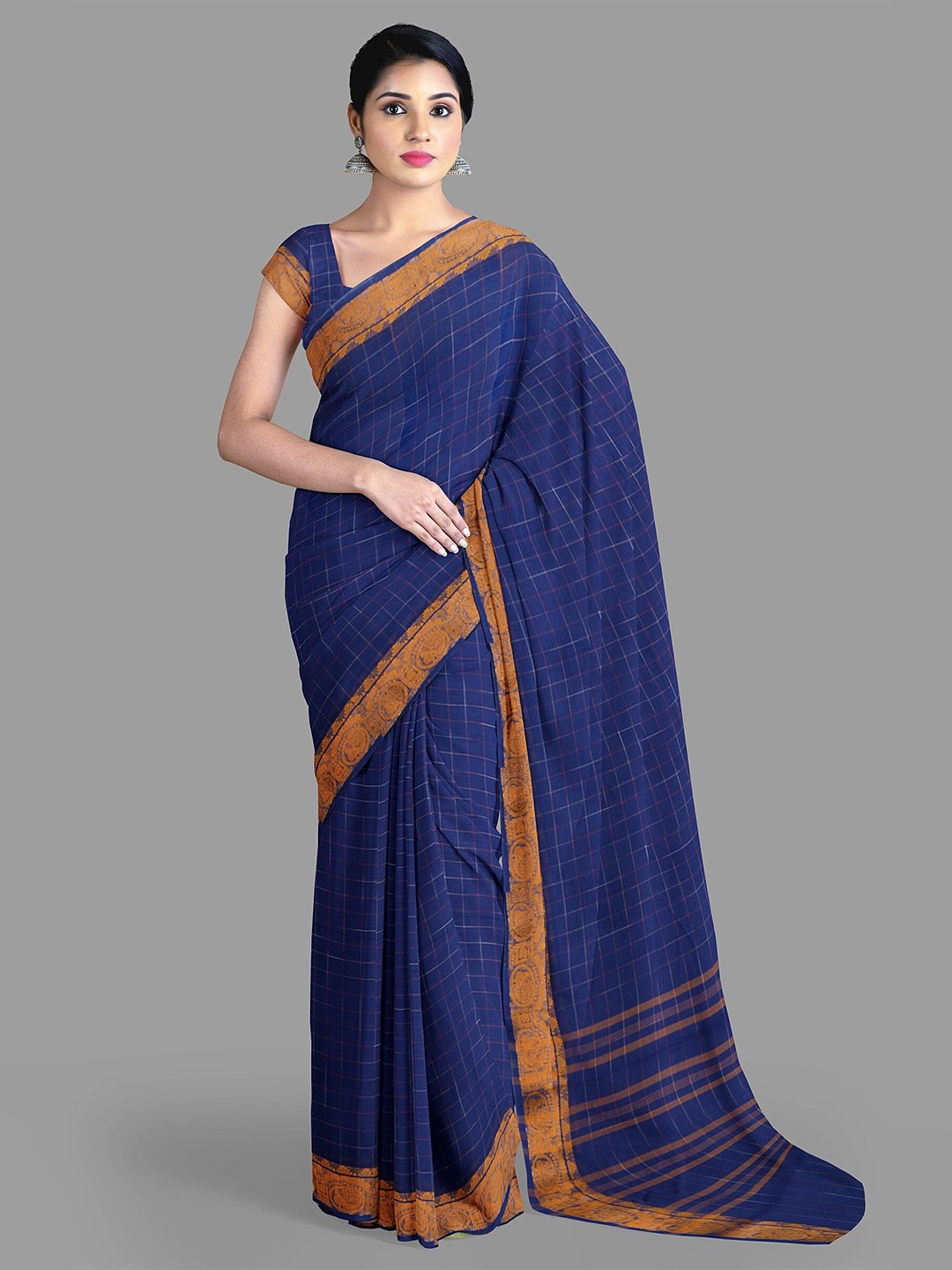 

The Chennai Silks Checked Zari Pure Cotton Chettinad Saree, Navy blue
