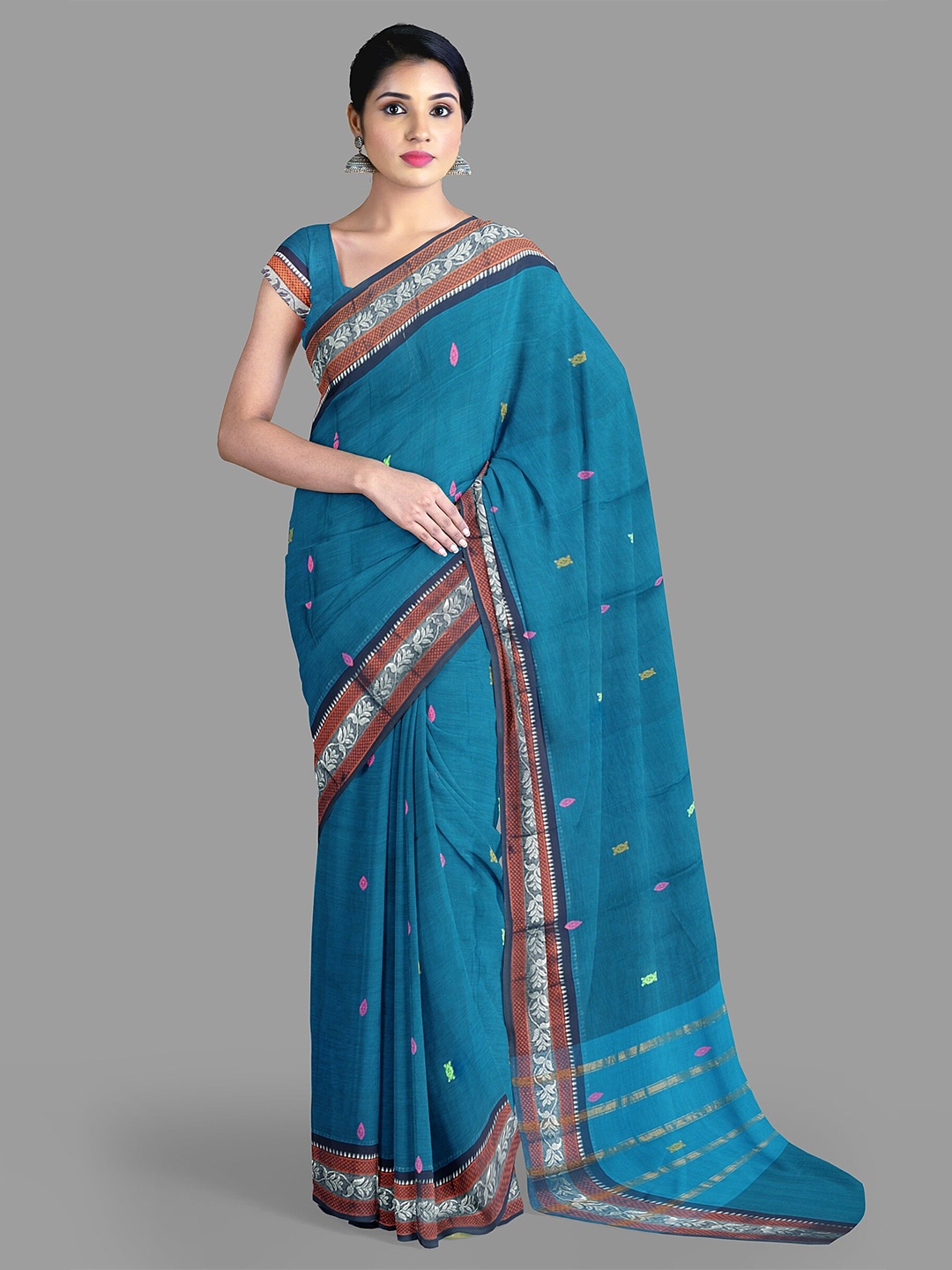 

The Chennai Silks Floral Woven Design Zari Pure Cotton Chettinad Saree, Blue