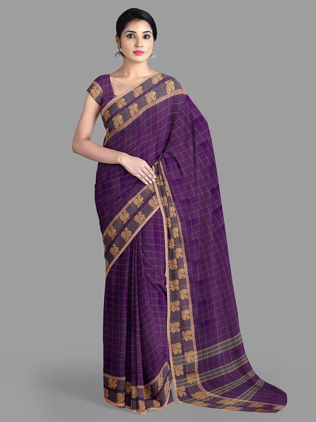 

The Chennai Silks Checked Pure Cotton Fusion Chettinad Saree, Purple