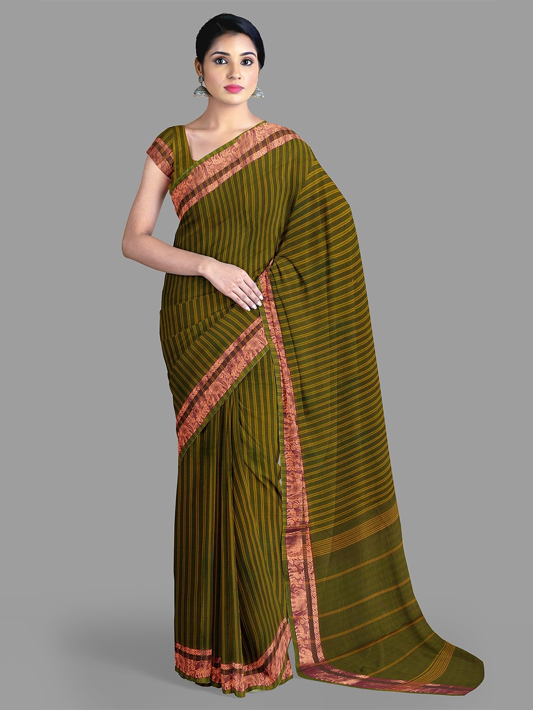 

The Chennai Silks Striped Pure Cotton Fusion Chettinad Saree, Green