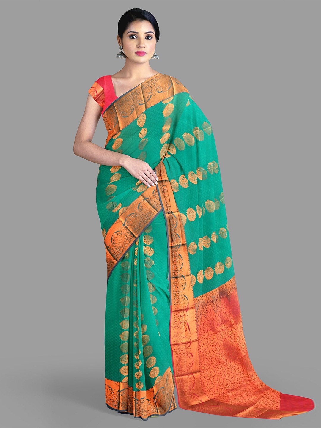 

The Chennai Silks Ethnic Motifs Silk Cotton Fusion Maheshwari Saree, Green