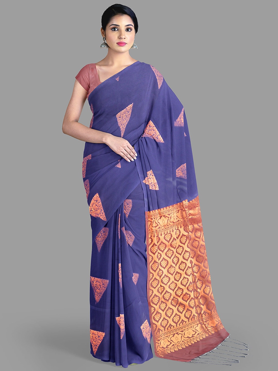 

The Chennai Silks Ethnic Motifs Art Silk Fusion Banarasi Saree, Navy blue