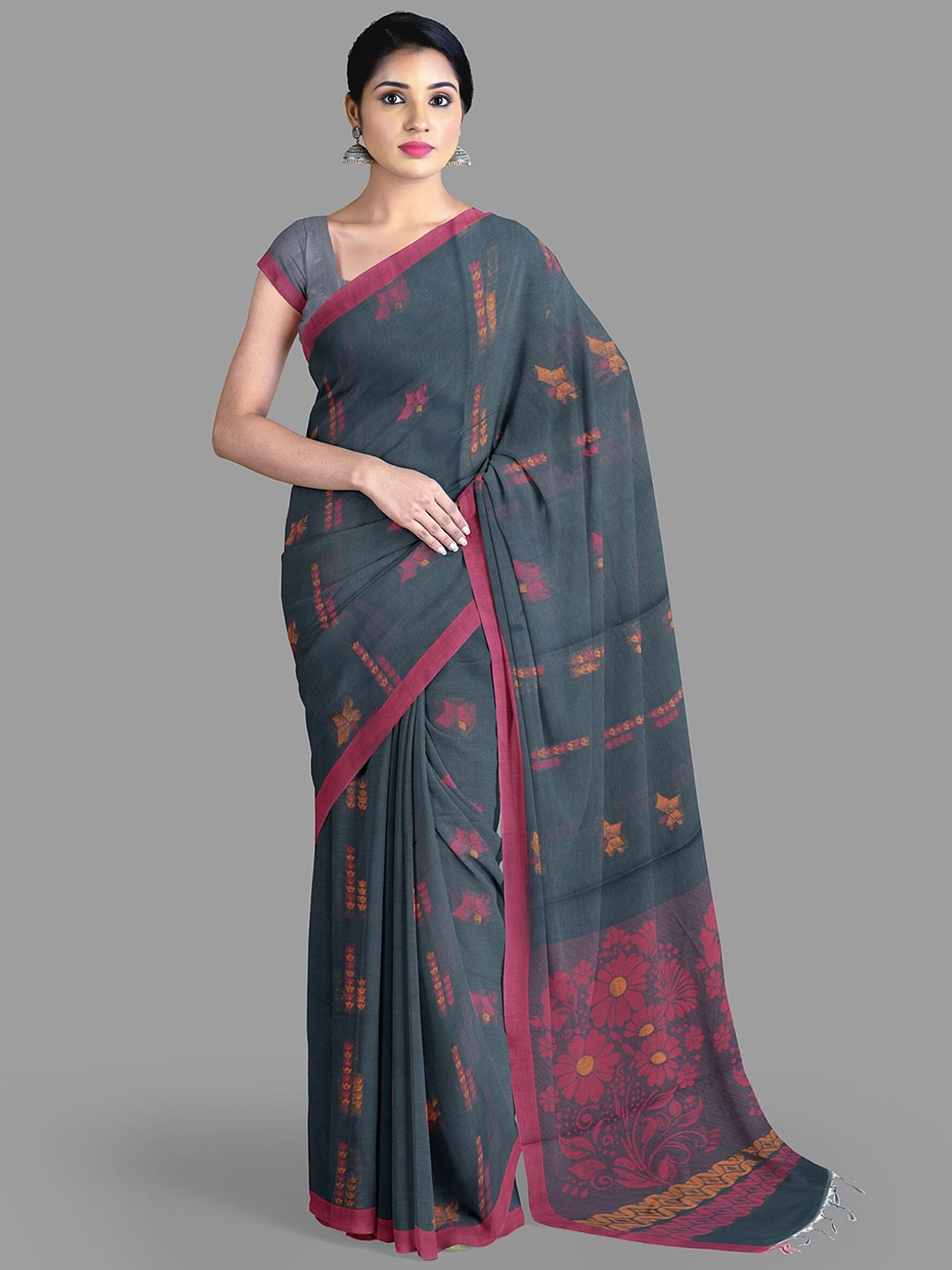 

The Chennai Silks Floral Pure Cotton Woven Design Kovai Saree, Grey