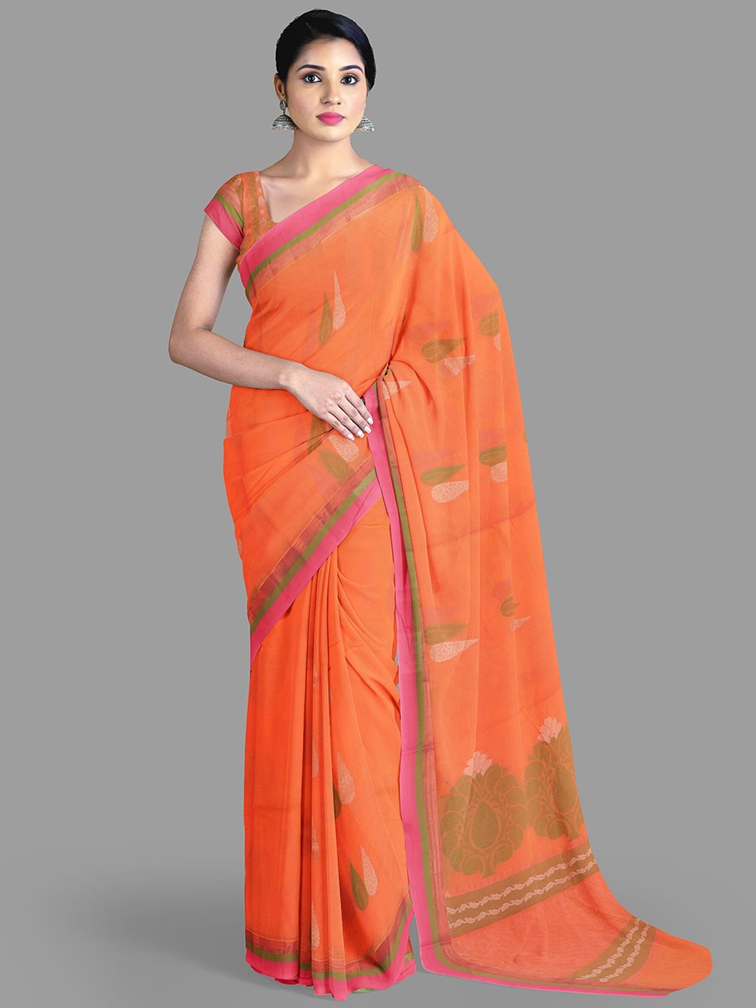 

The Chennai Silks Ethnic Motifs Pure Cotton Fusion Kovai Saree, Orange