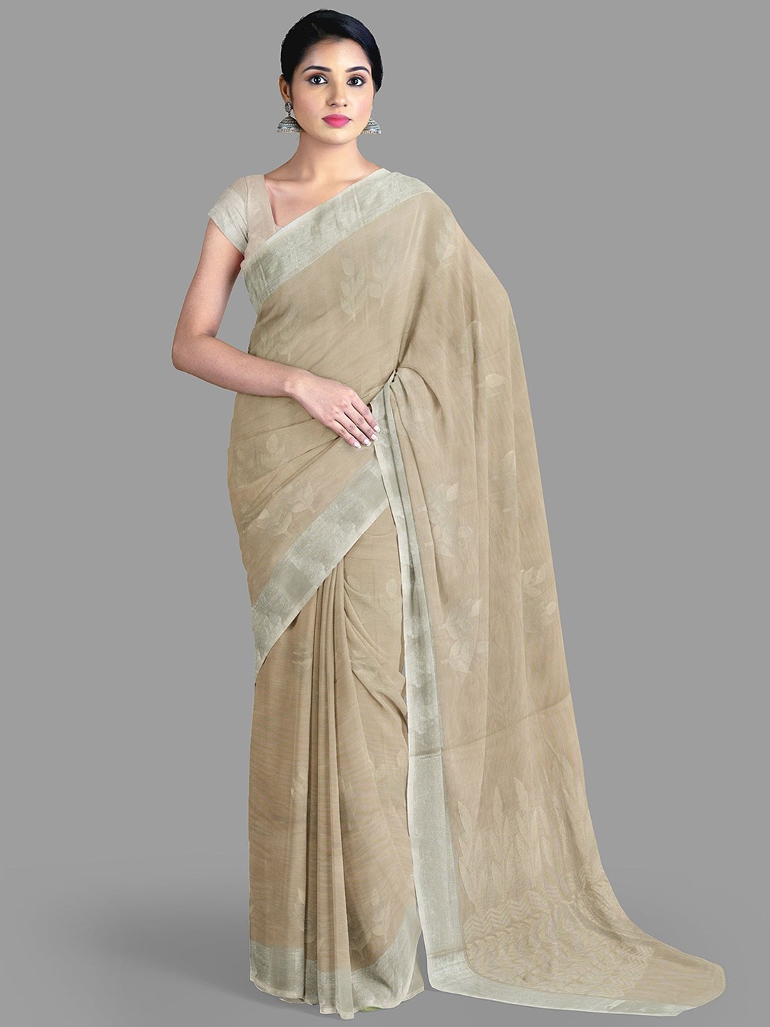 

The Chennai Silks Ethnic Motifs Woven Design Zari Pure Cotton Kovai Saree, Beige