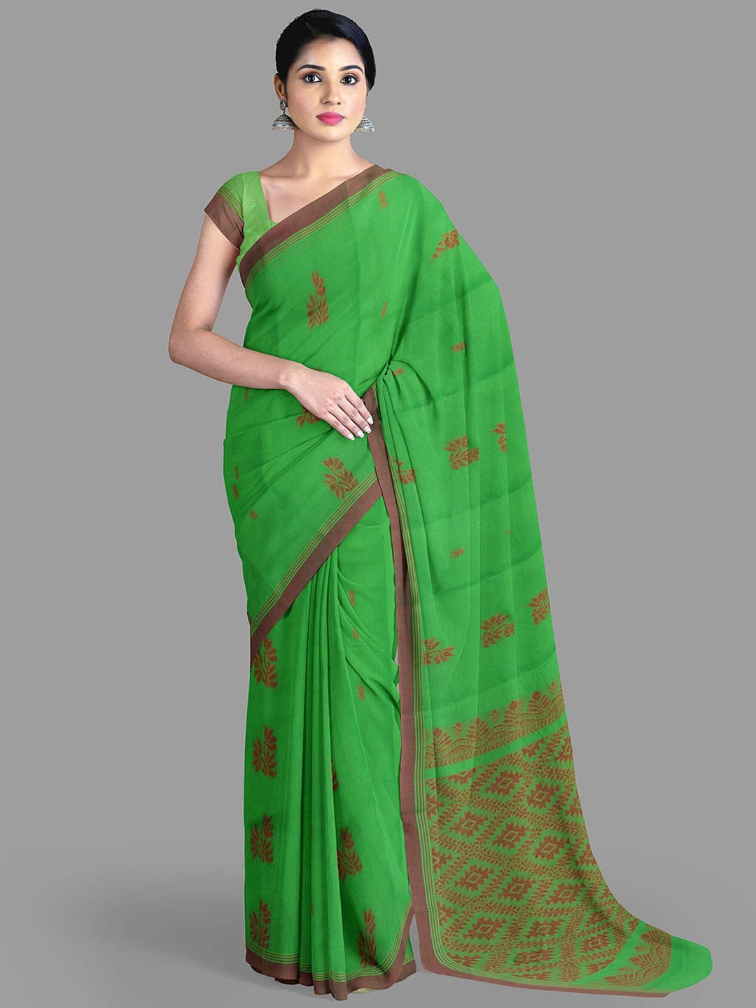 

The Chennai Silks Ethnic Motifs Pure Cotton Fusion Kanjeevaram Saree, Green