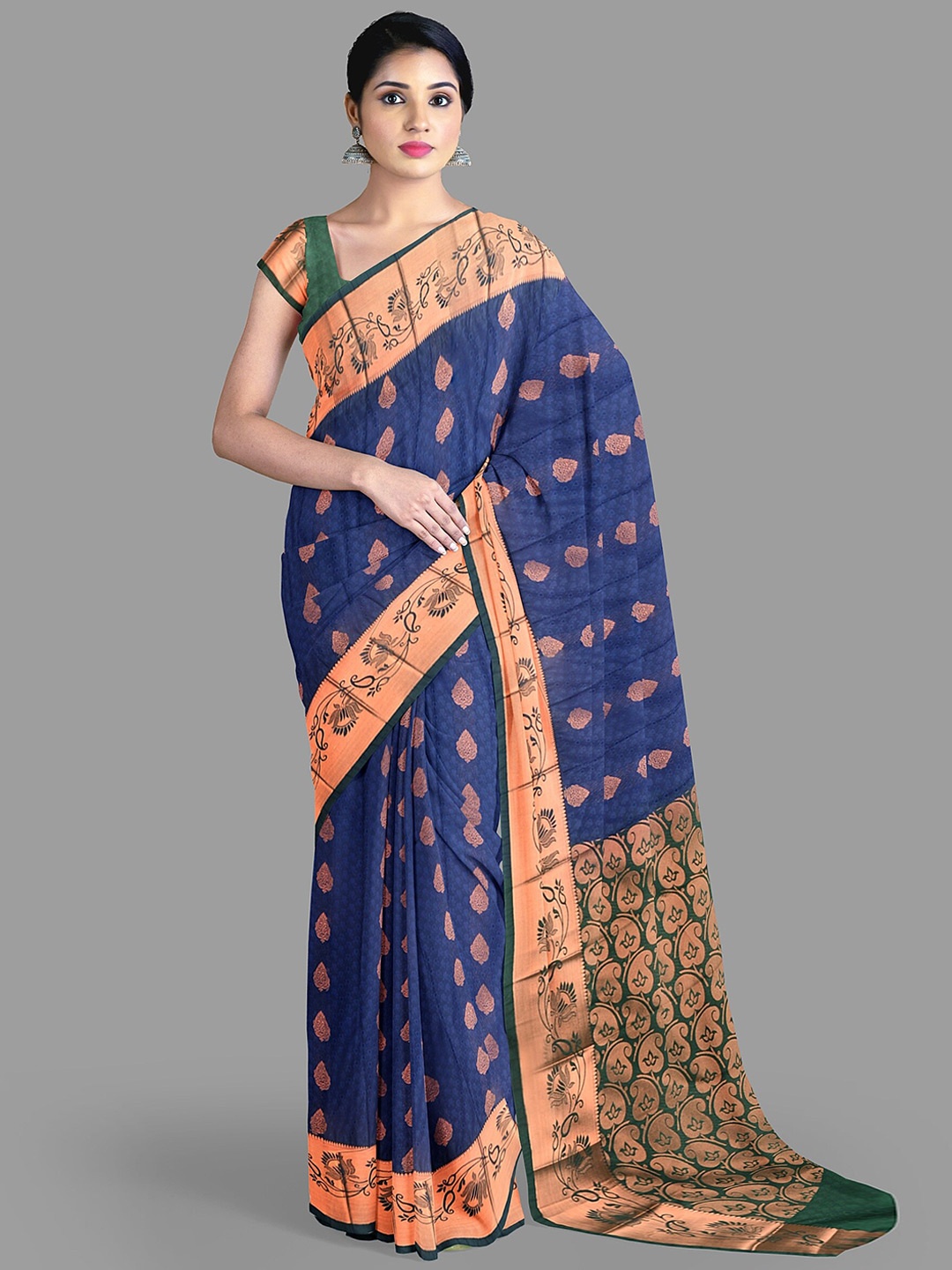 

The Chennai Silks Ethnic Motifs Silk Cotton Fusion Maheshwari Saree, Navy blue