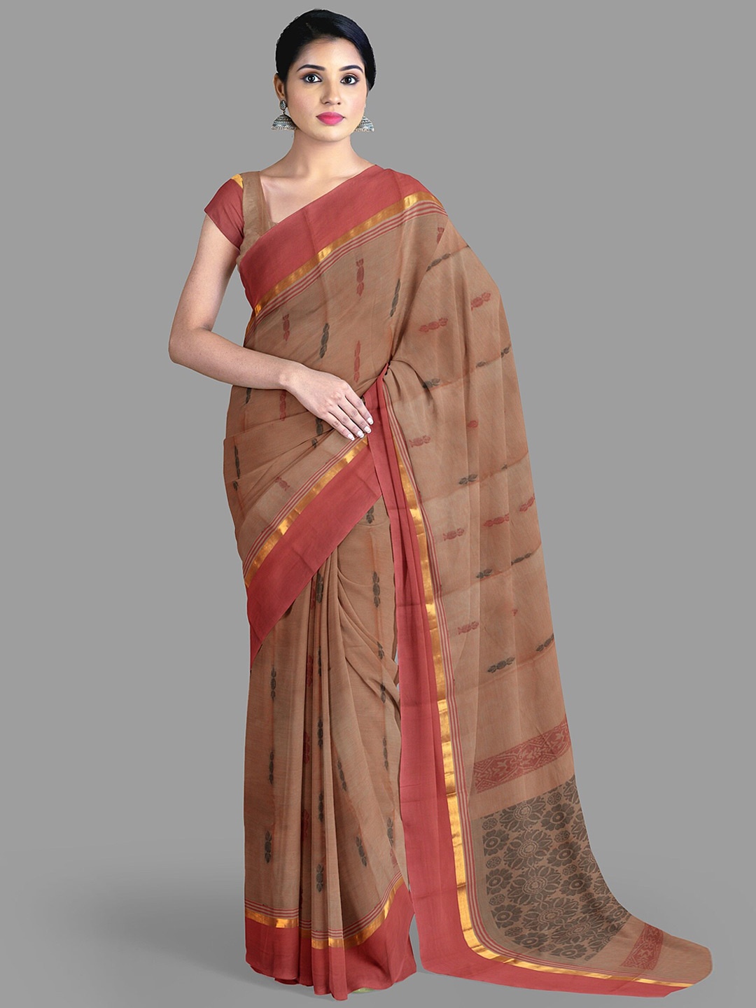 

The Chennai Silks Ethnic Motifs Pure Cotton Fusion Kanjeevaram Saree, Brown