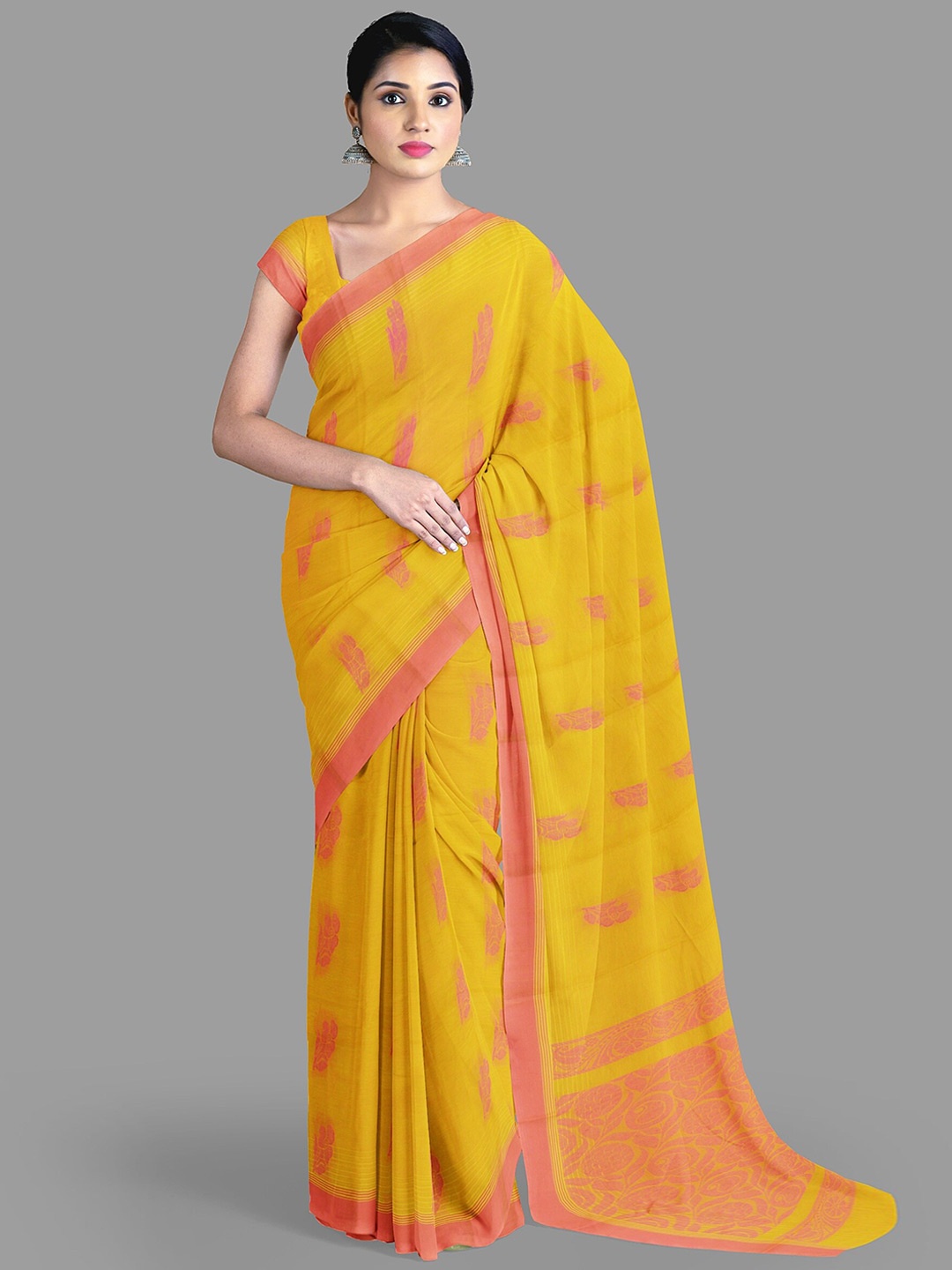 

The Chennai Silks Ethnic Motifs Pure Cotton Fusion Kanjeevaram Saree, Yellow