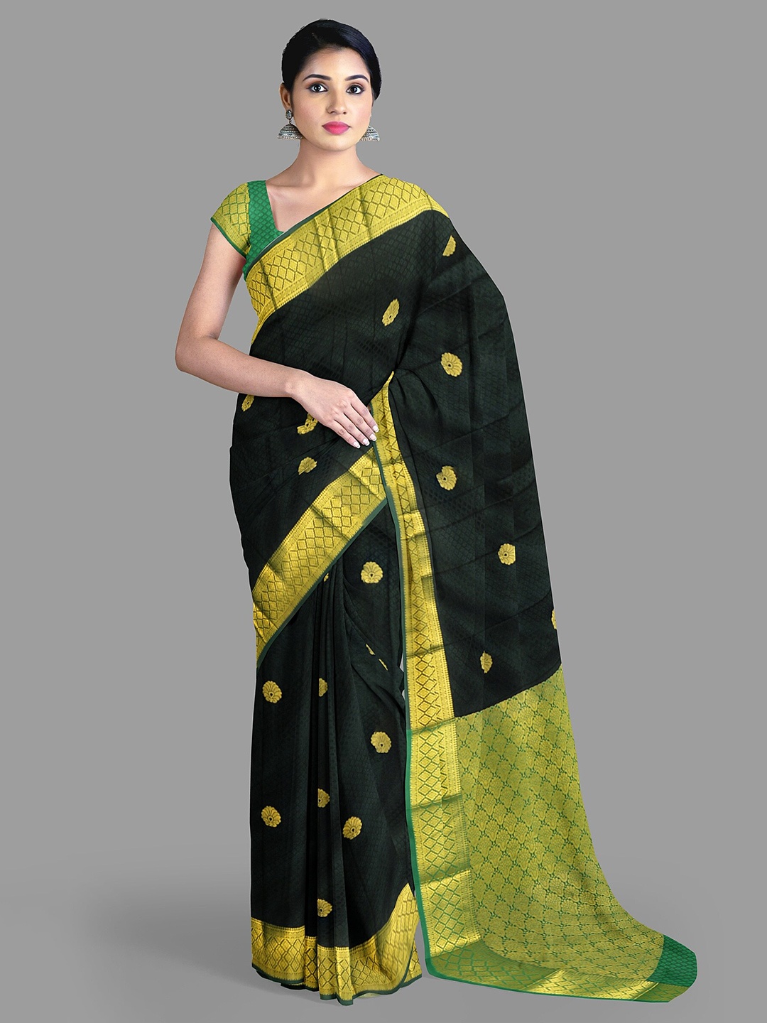 

The Chennai Silks Ethnic Motifs Silk Cotton Fusion Maheshwari Saree, Black