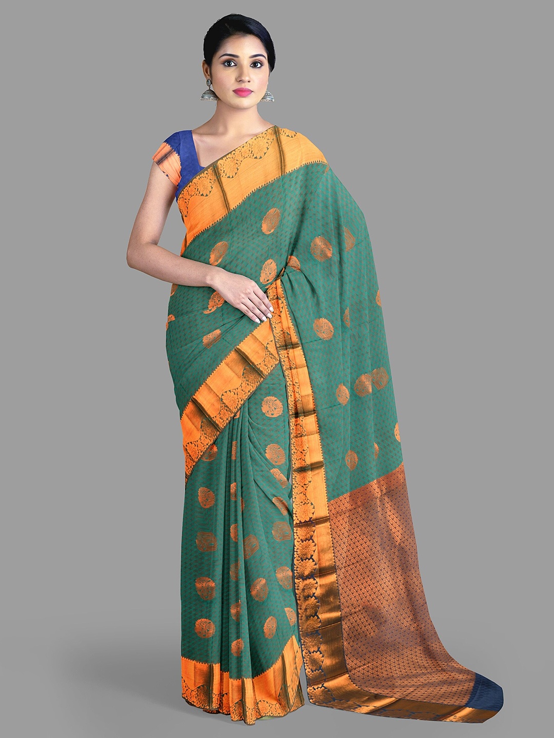 

The Chennai Silks Ethnic Motifs Silk Cotton Fusion Maheshwari Saree, Blue