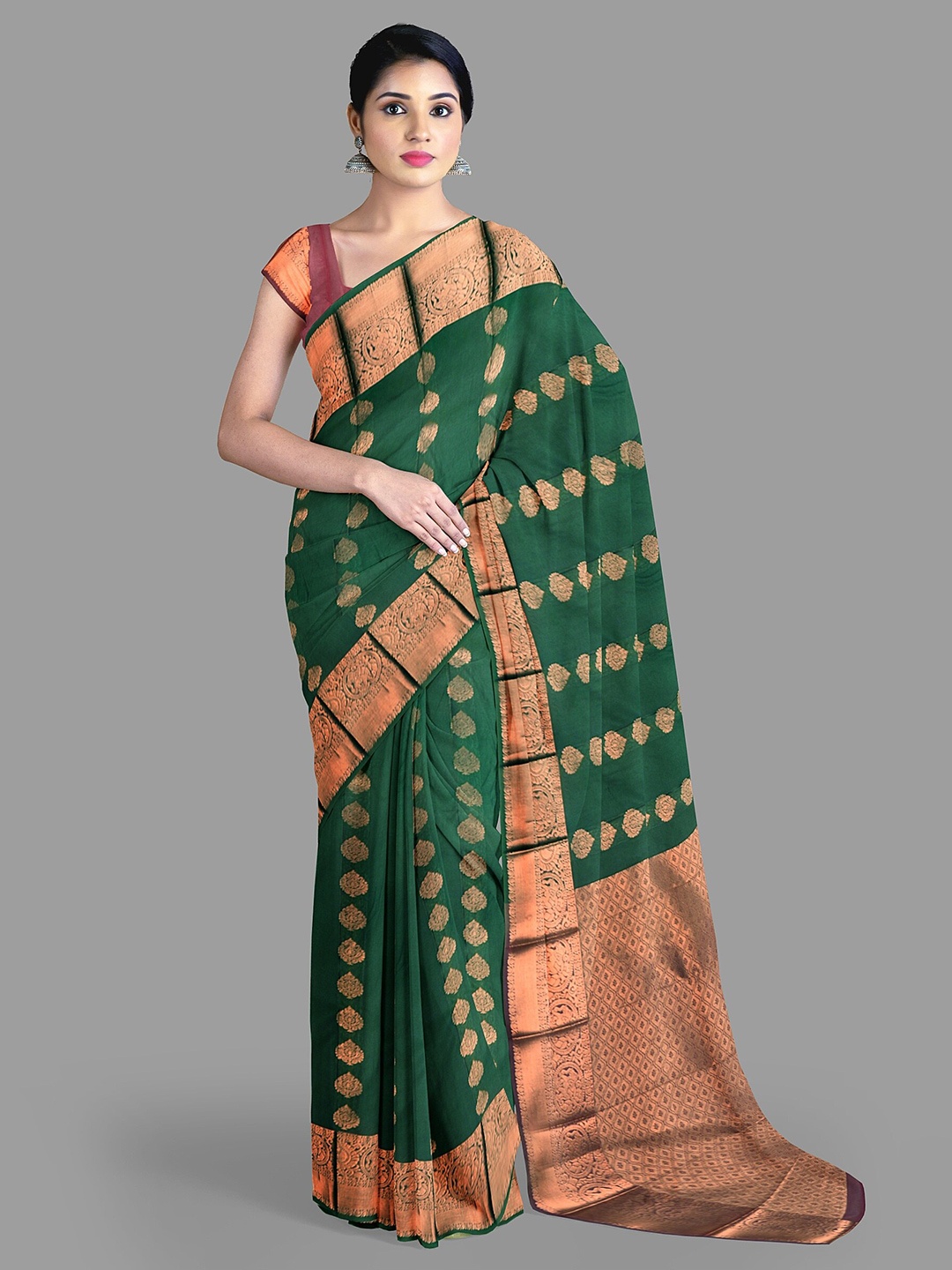 

The Chennai Silks Ethnic Motifs Silk Cotton Fusion Maheshwari Saree, Green