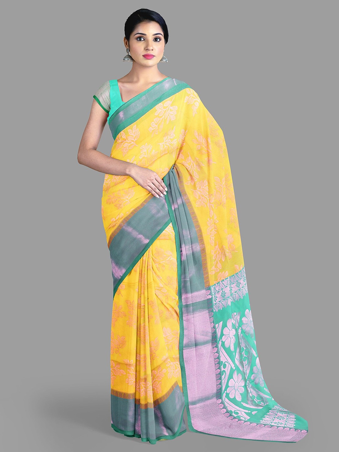

The Chennai Silks Floral Woven Design Silk Cotton Maheshwari Saree, Yellow