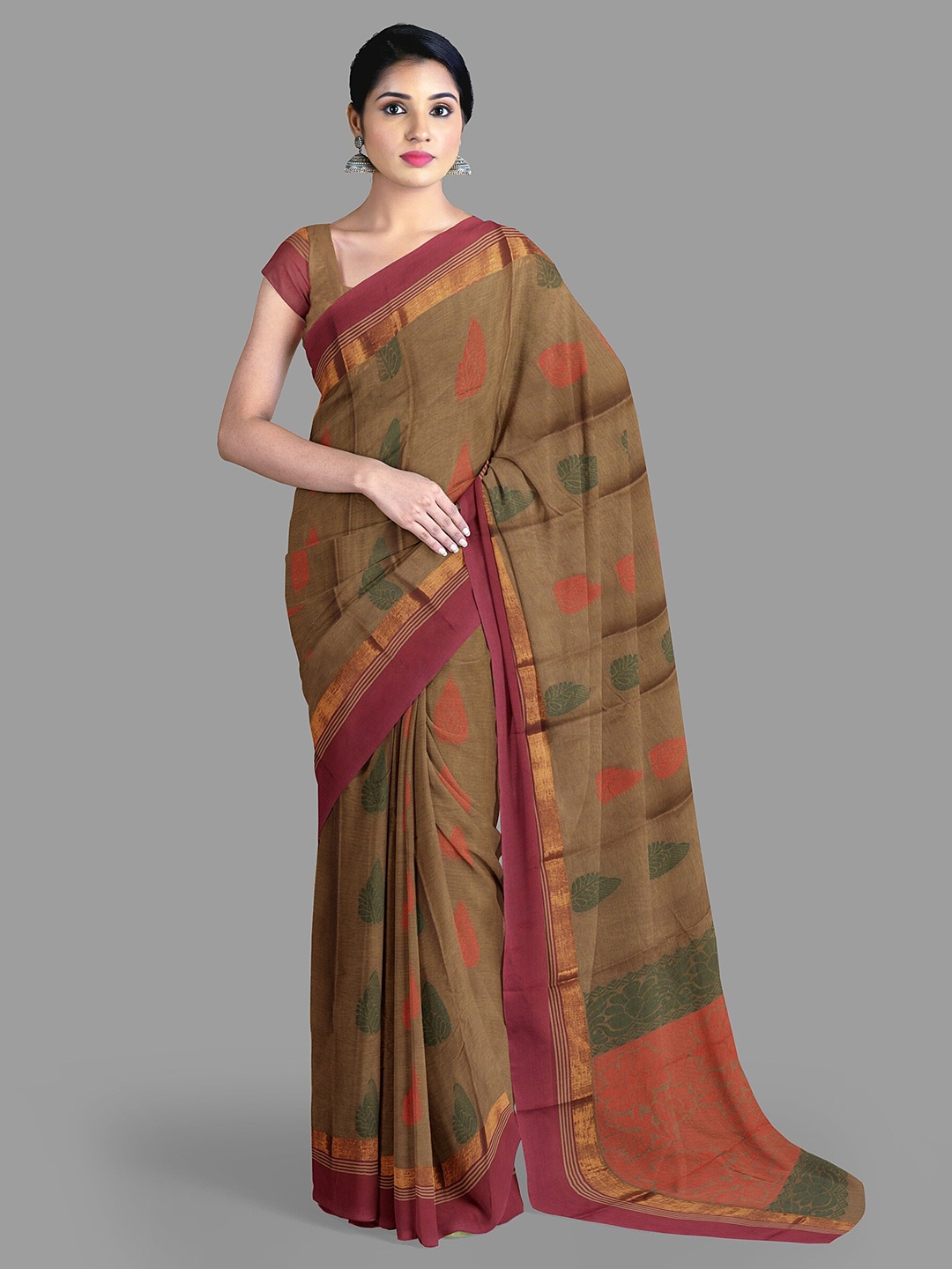 

The Chennai Silks Ethnic Motifs Pure Cotton Fusion Kovai Saree, Brown
