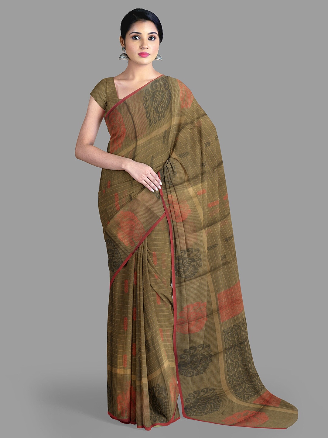 

The Chennai Silks Ethnic Motifs Pure Cotton Fusion Kovai Saree, Brown