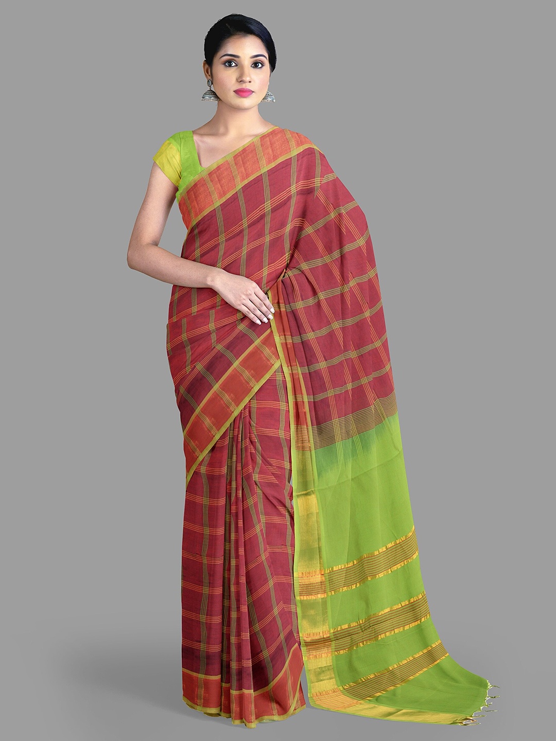 

The Chennai Silks Checked Silk Cotton Fusion Arani Saree, Maroon