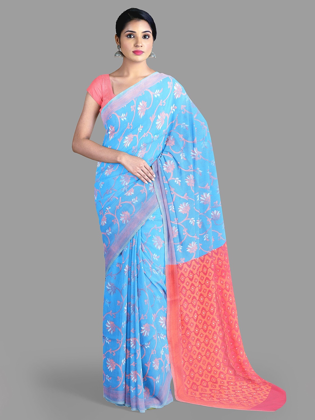 

The Chennai Silks Floral Woven Design Zari Silk Cotton Maheshwari Saree, Blue