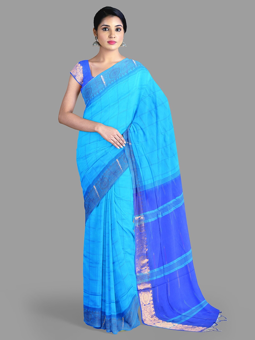 

The Chennai Silks Checked Zari Silk Cotton Arani Saree, Blue