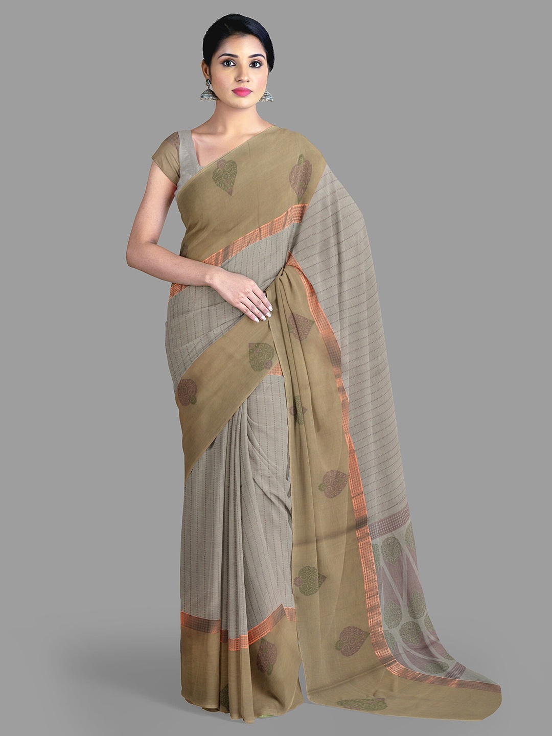 

The Chennai Silks Woven Design Striped Pure Cotton Kovai Saree, Grey