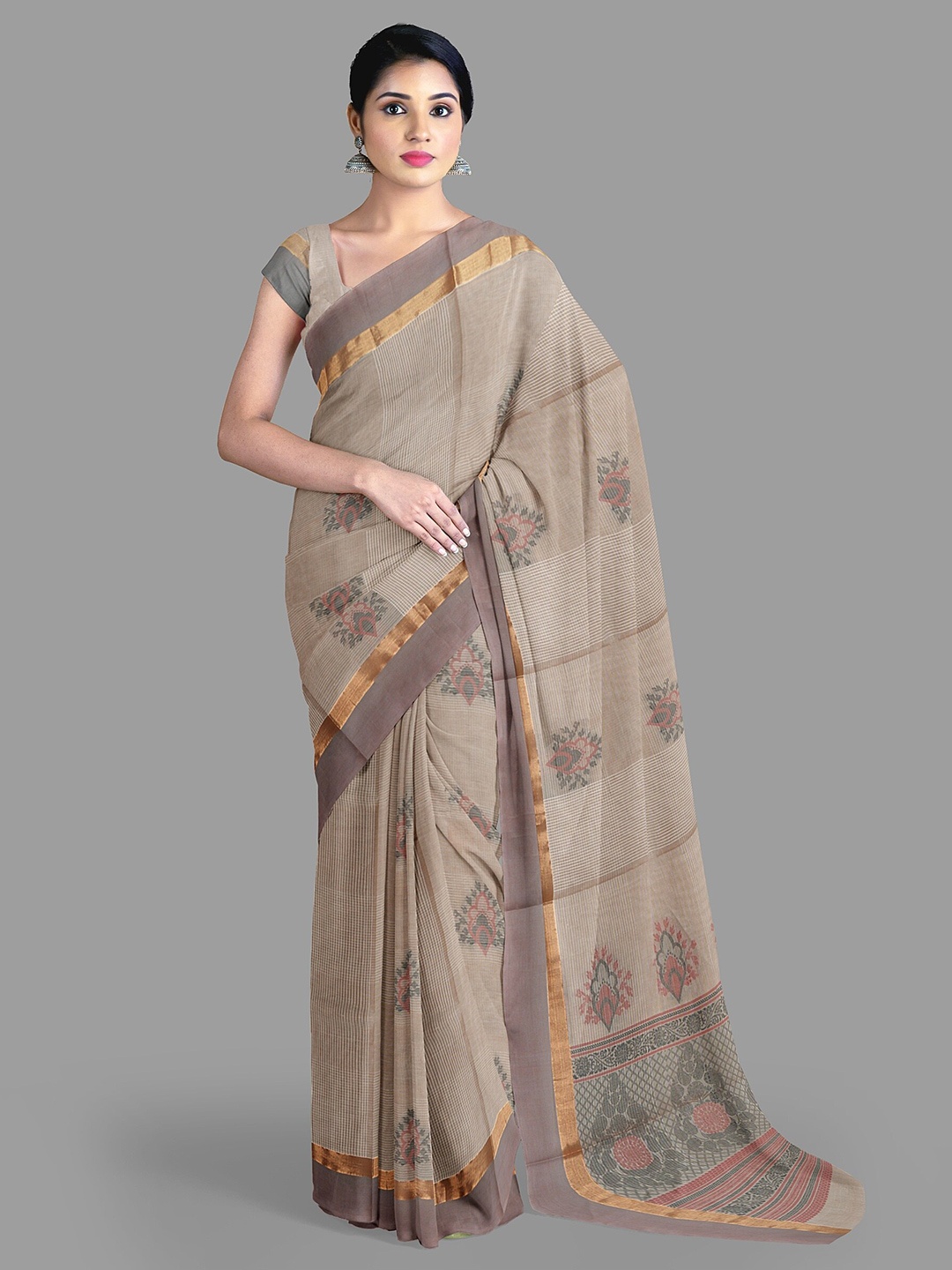 

The Chennai Silks Ethnic Motifs Pure Cotton Fusion Kovai Saree, Brown