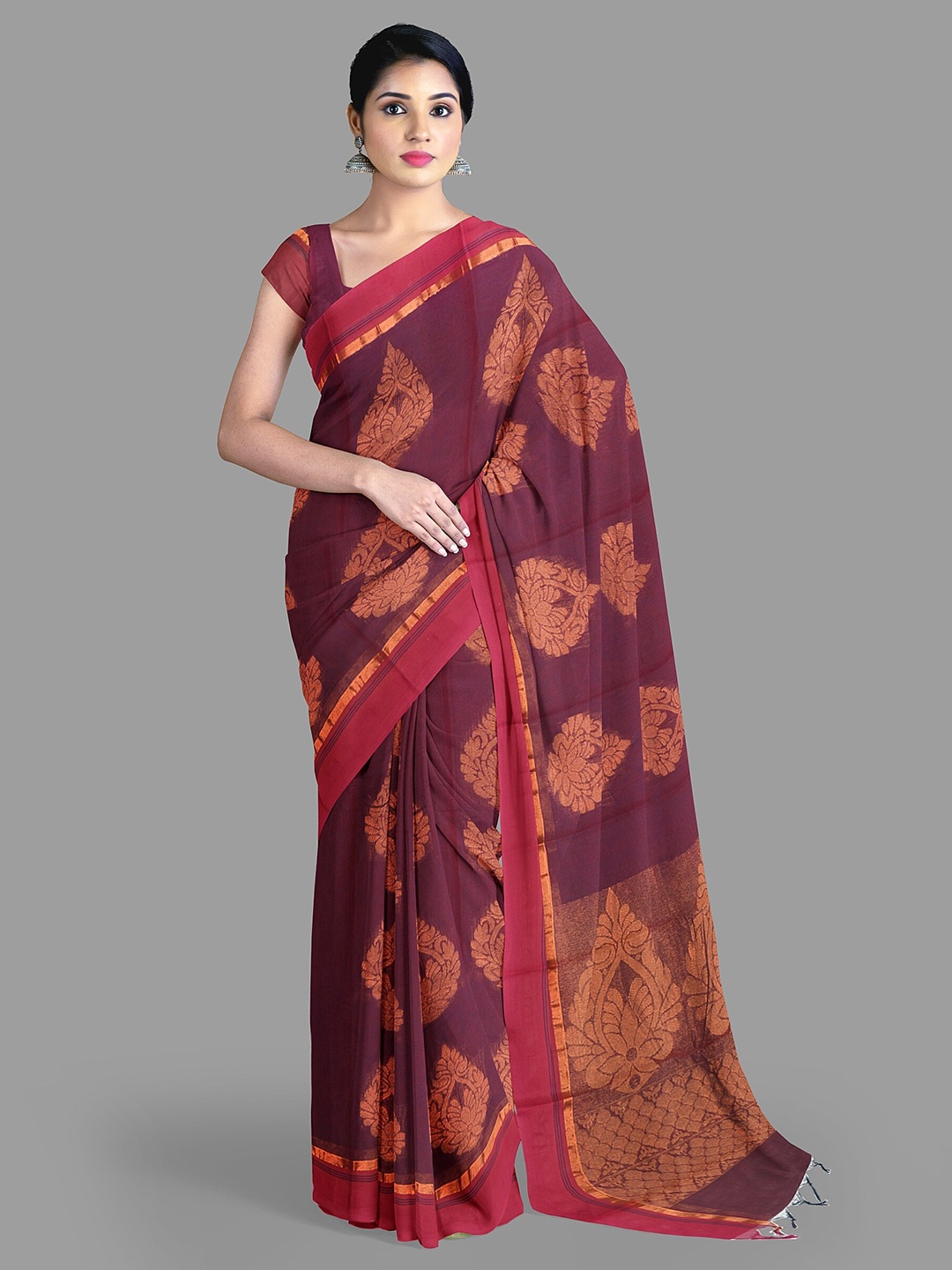 

The Chennai Silks Ethnic Motifs Pure Cotton Fusion Kanjeevaram Saree, Maroon