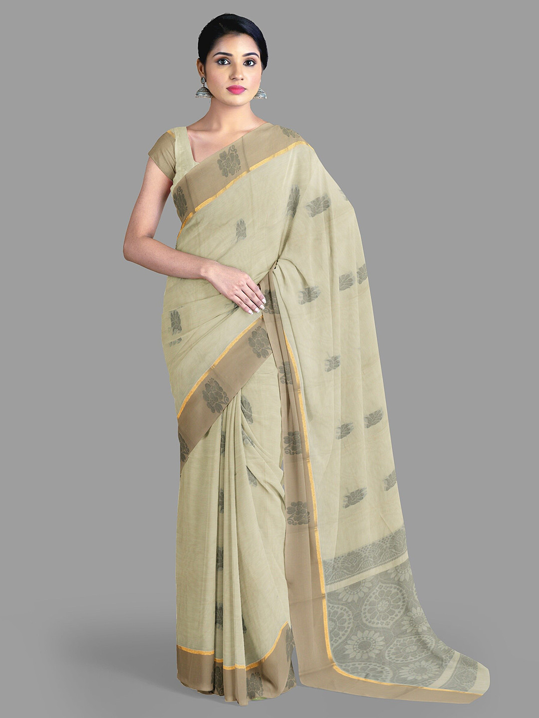 

The Chennai Silks Ethnic Motifs Pure Cotton Fusion Kanjeevaram Saree, Beige