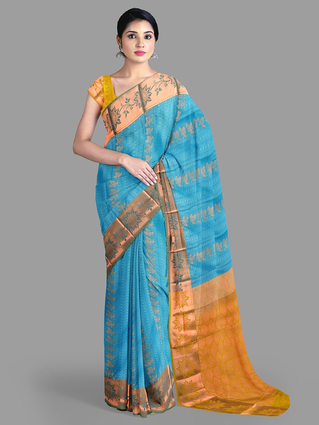 

The Chennai Silks Ethnic Motifs Silk Cotton Fusion Maheshwari Saree, Blue