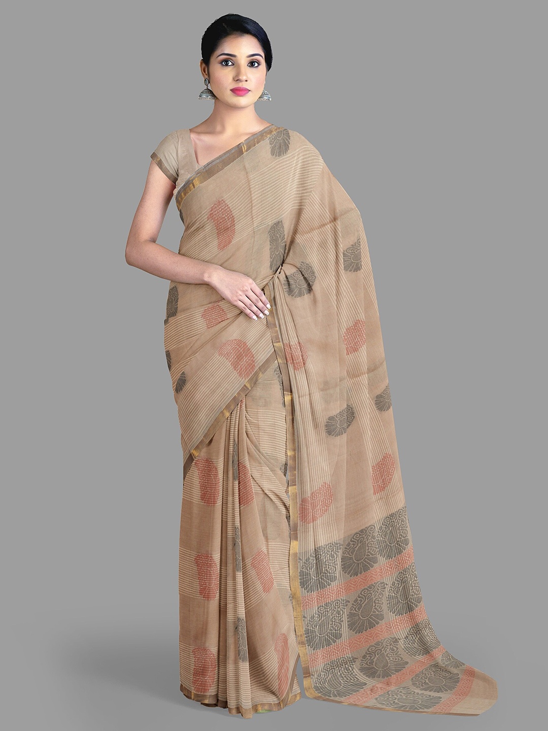 

The Chennai Silks Paisley Pure Cotton Fusion Kovai Saree, Brown
