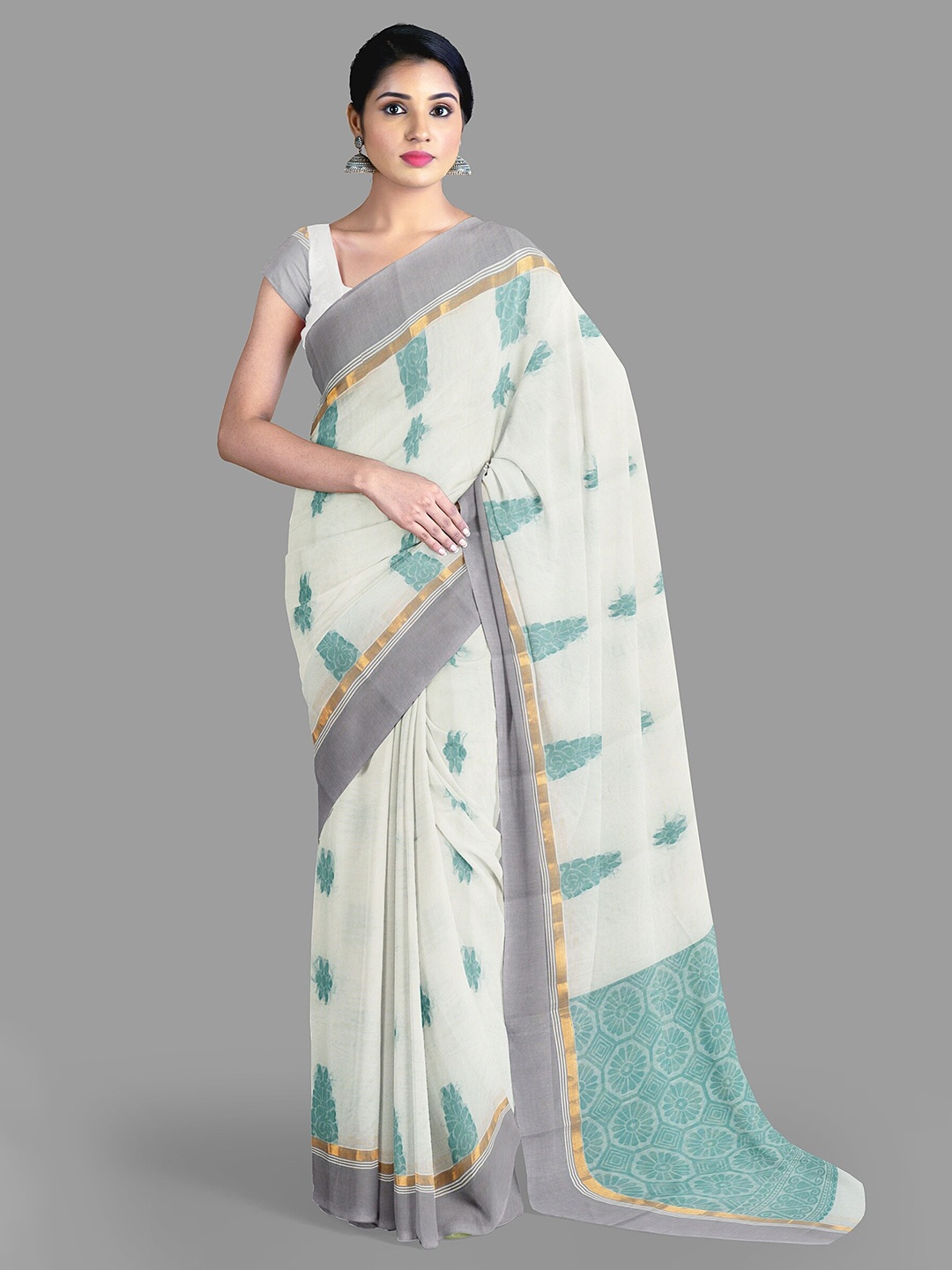 

The Chennai Silks Ethnic Motifs Woven Design Pure Cotton Fusion Kanjeevaram Saree, Off white