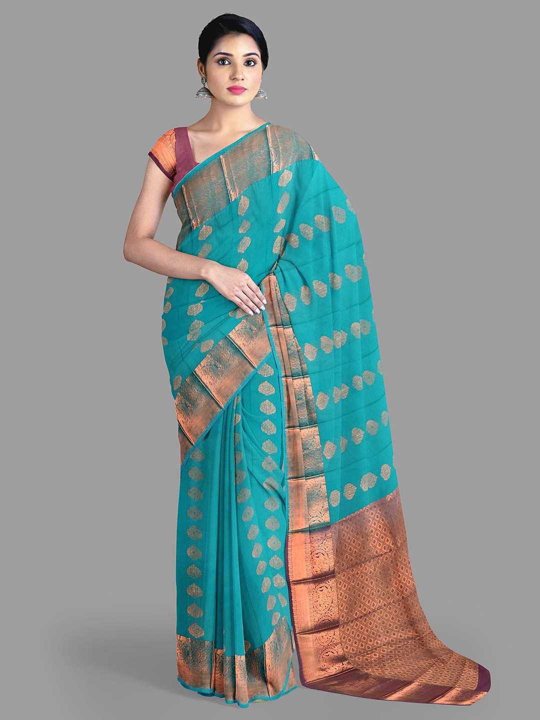 

The Chennai Silks Ethnic Motifs Silk Cotton Fusion Maheshwari Saree, Teal