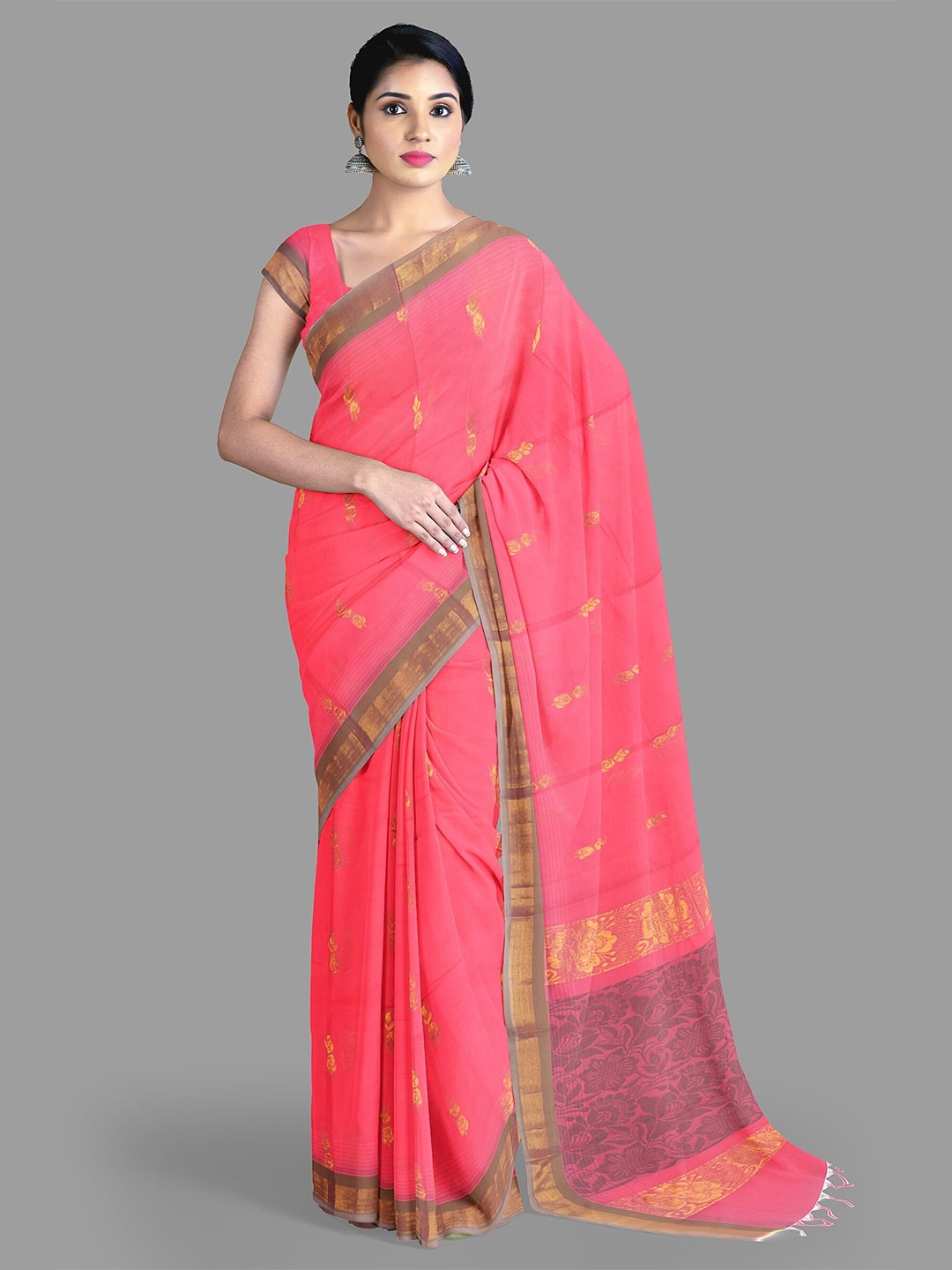 

The Chennai Silks Ethnic Motifs Woven Design Pure Cotton Kanjeevaram Saree, Pink