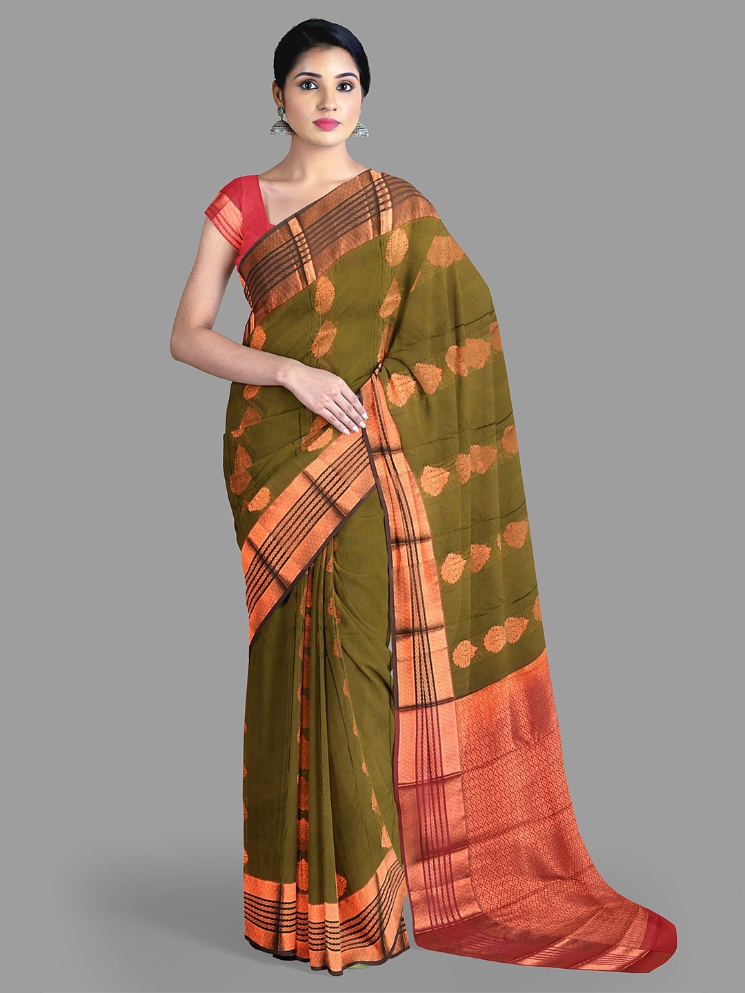 

The Chennai Silks Ethnic Motifs Silk Cotton Fusion Maheshwari Saree, Olive