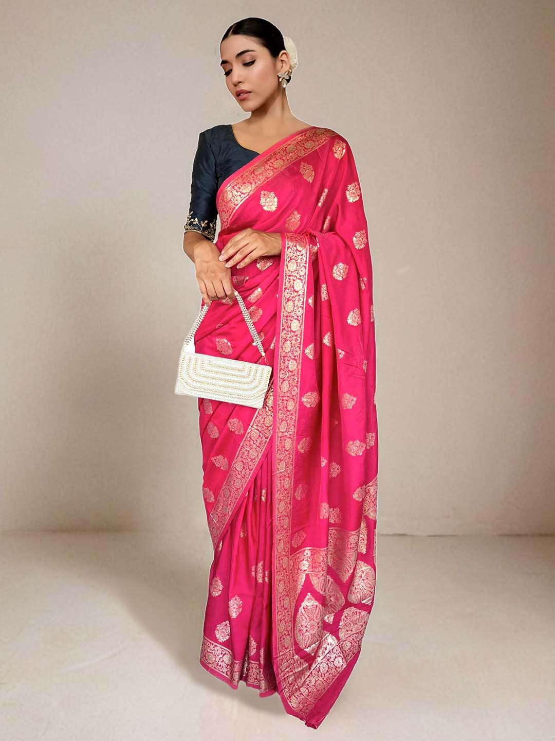 

NK Textiles Ethnic Motifs Banarasi Saree With Blouse Piece, Pink