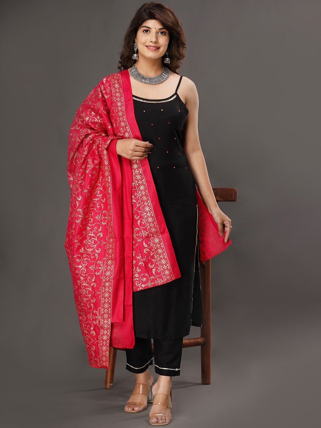 

Shedika Geometric Embroidered Shoulder Straps Mirror Work Straight Kurta With Dupatta, Black