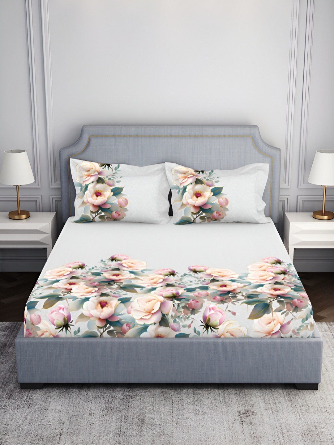 

SPACES White & Green Printed Cotton 210 TC King Bedsheet With 2 Pillow Covers