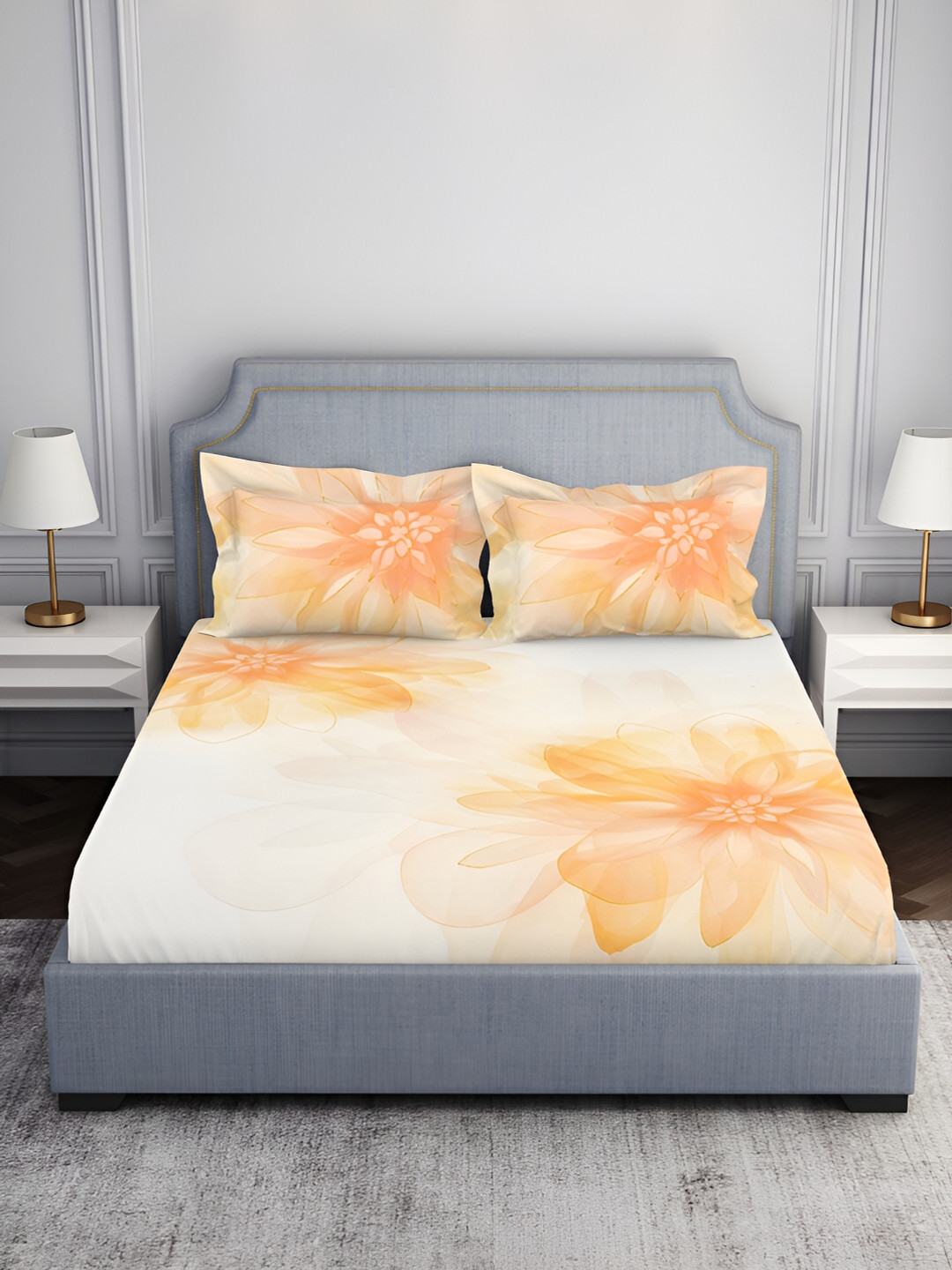 

SPACES Yellow Floral Cotton 210 TC King Bedsheet with 2 Pillow Covers