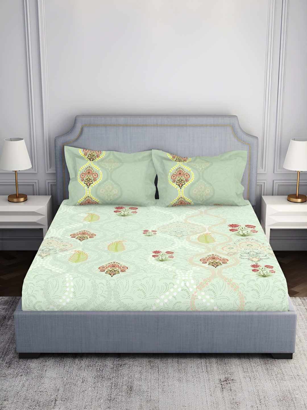 

SPACES Green Floral Cotton 130 TC King Bedsheet with 2 Pillow Covers