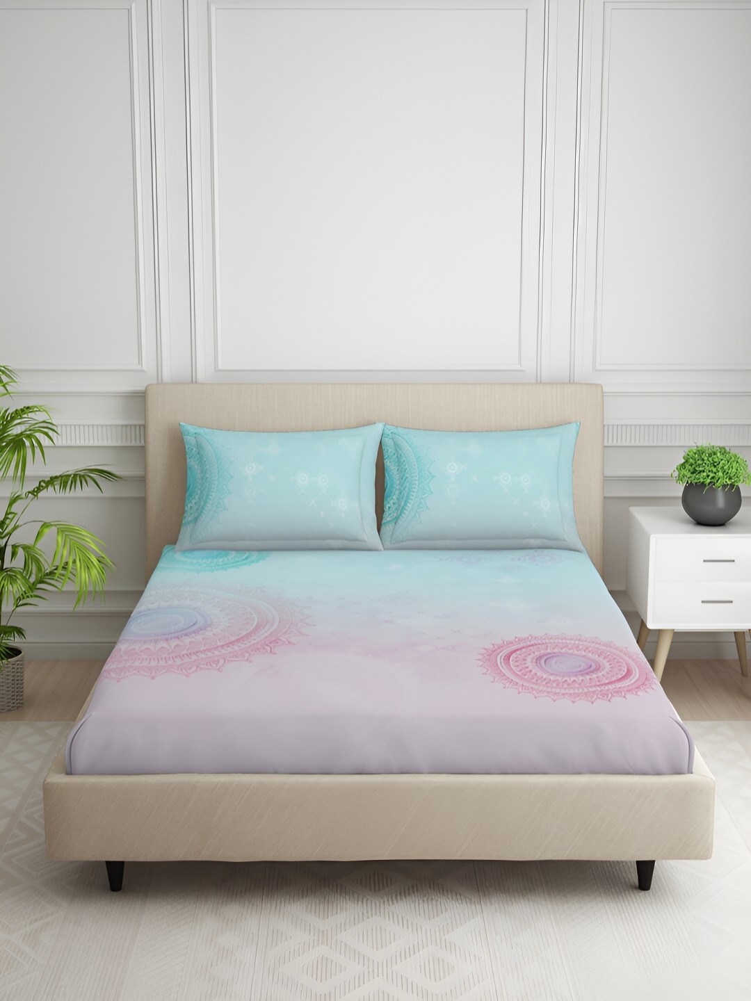 

SPACES Blue Cotton 130 TC King Bedsheet with 2 Pillow Covers