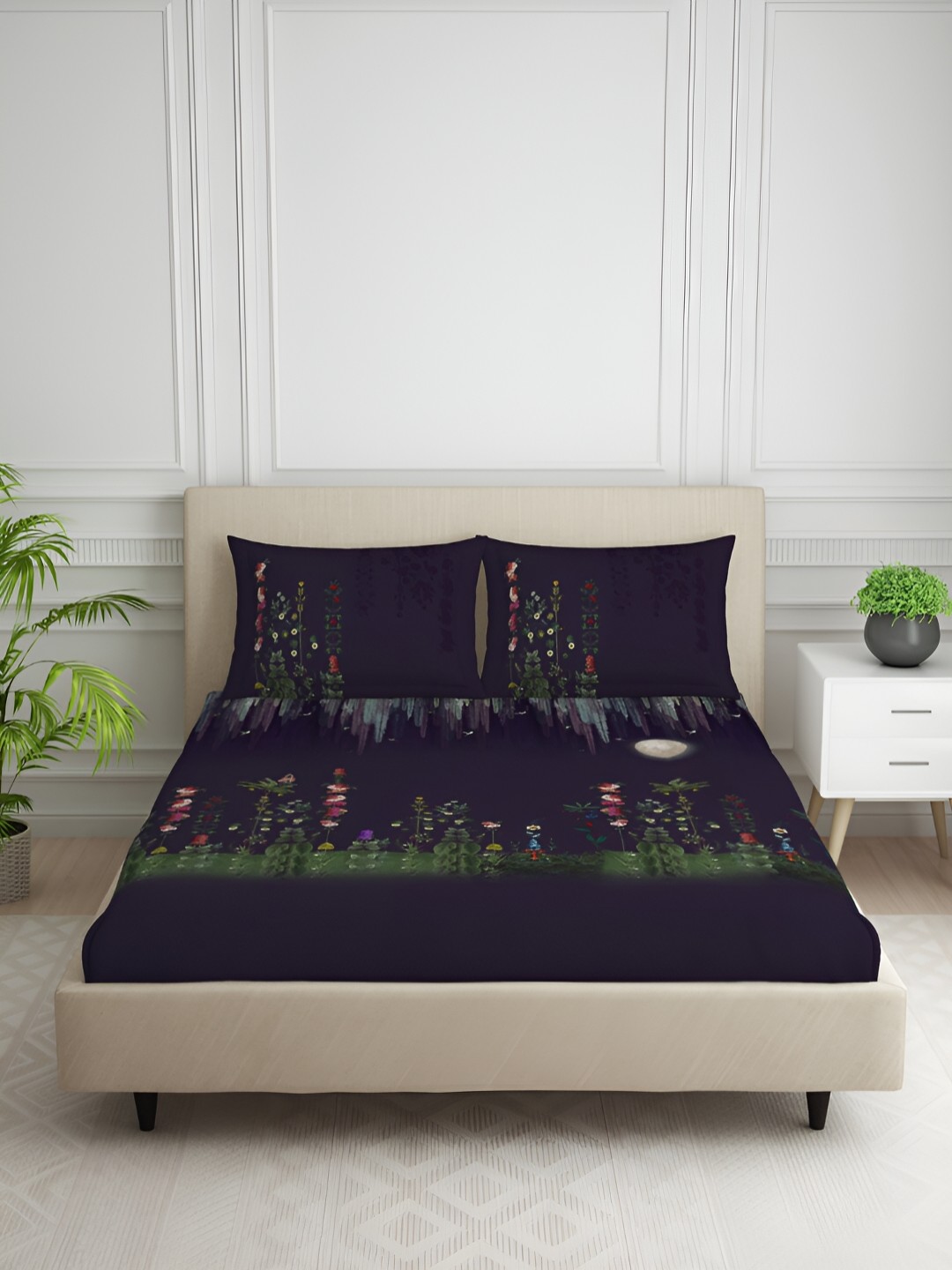 

SPACES Purple Floral Cotton 130 TC King Bedsheet with 2 Pillow Covers