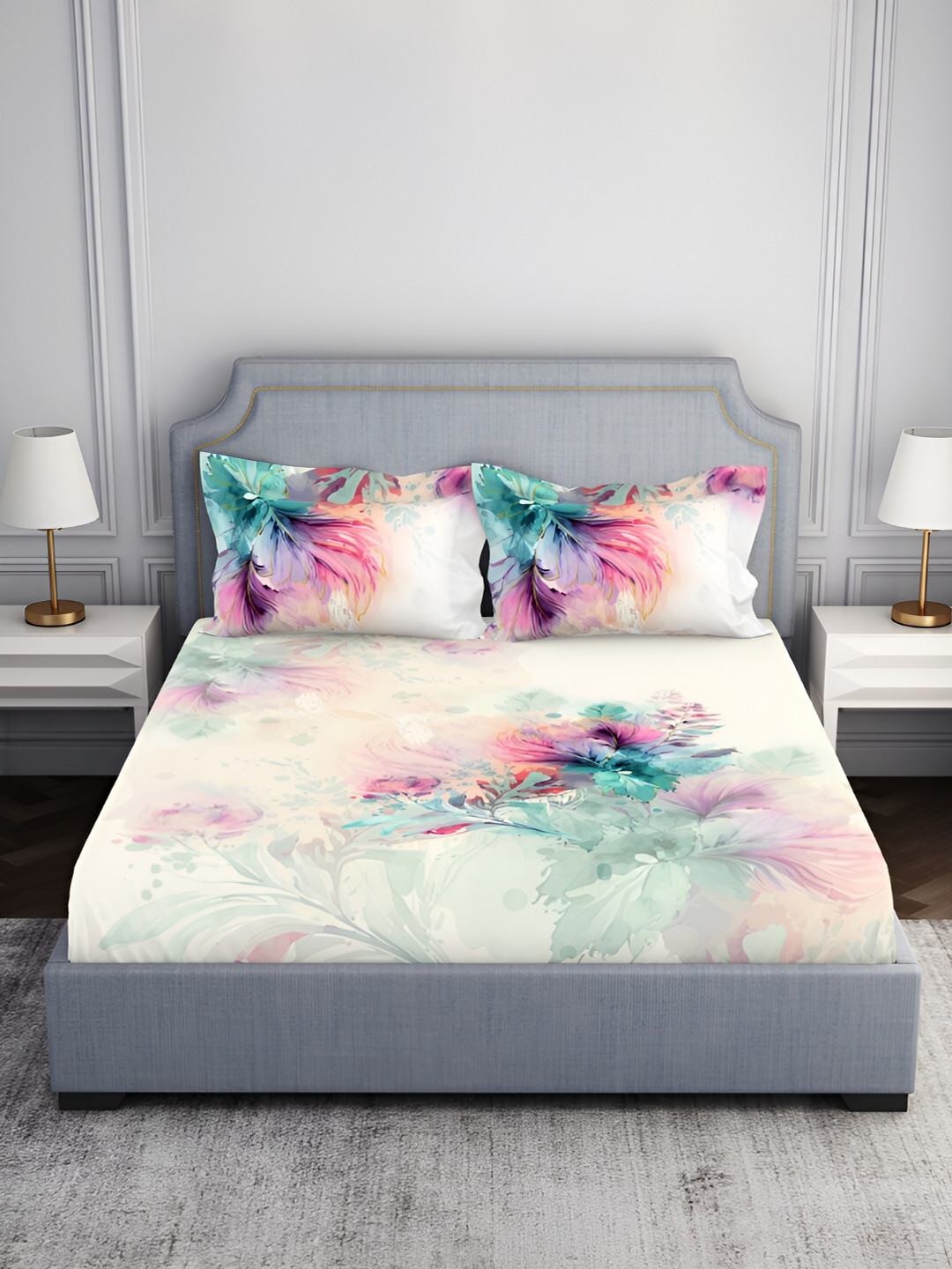 

SPACES Pink & Green Printed Cotton 210 TC King Bedsheet With 2 Pillow Covers