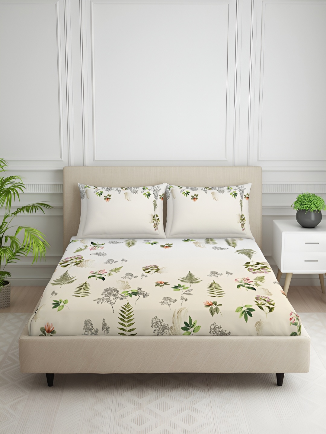 

SPACES Cream & Green Floral Printed 138 TC King Bedsheet With 2 Pillow Covers