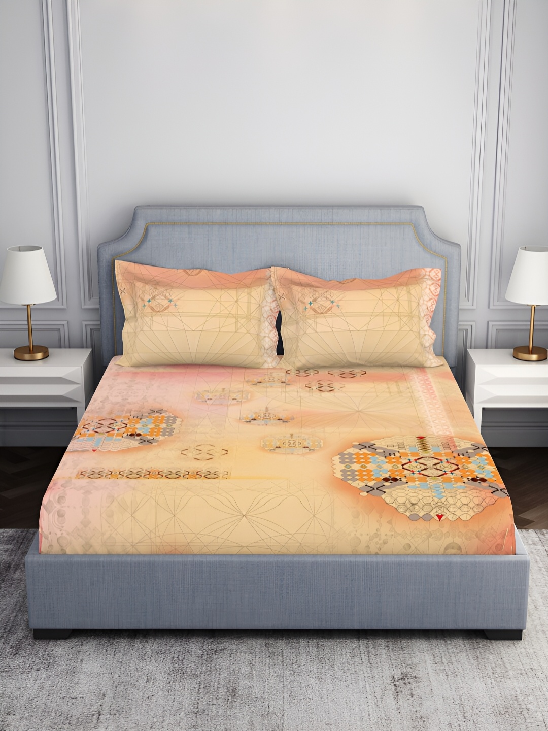 

SPACES Pink & Blue Ethnic Motifs Cotton 130 TC King Bedsheet with 2 Pillow Covers