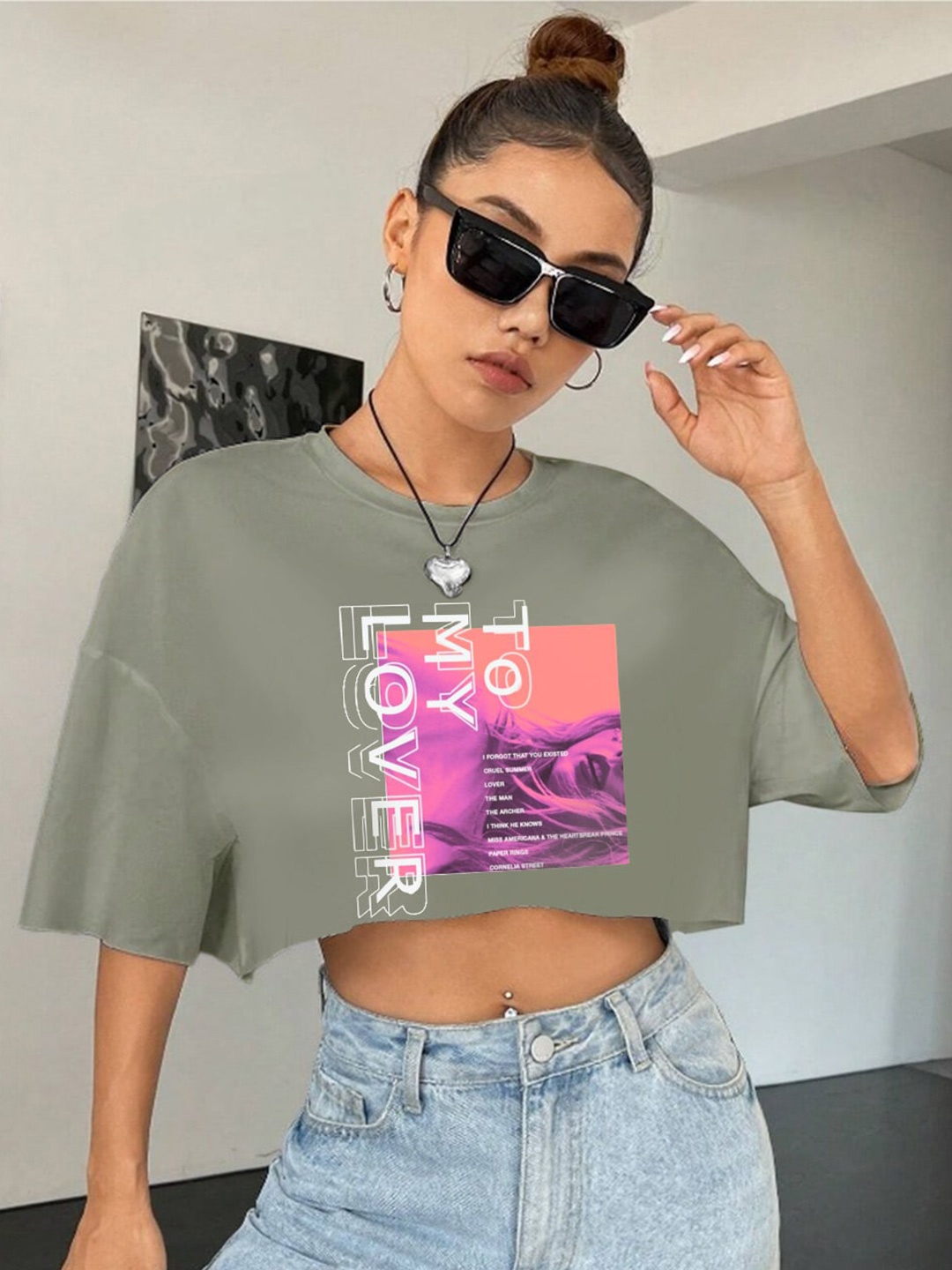 

HERSHEINBOX Grey Graphic Printed Pure Cotton Boxy Top